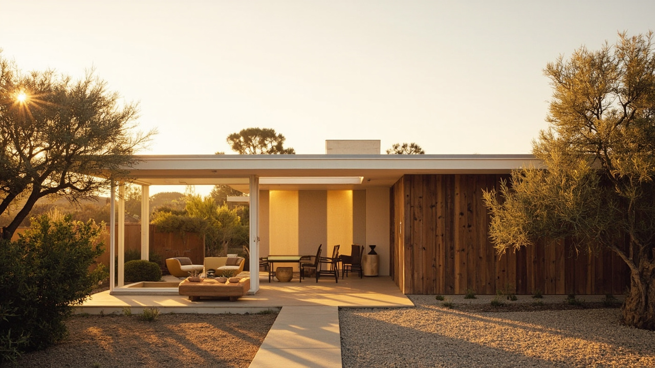 Modern luxury Bay Area home, mid-century exterior at golden hour