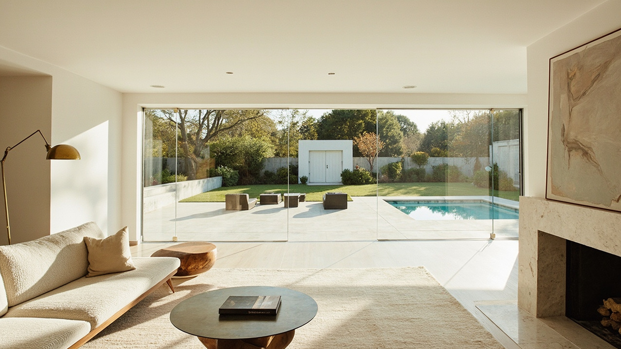 Living room with floor-to-ceiling windows and travertine fireplace
