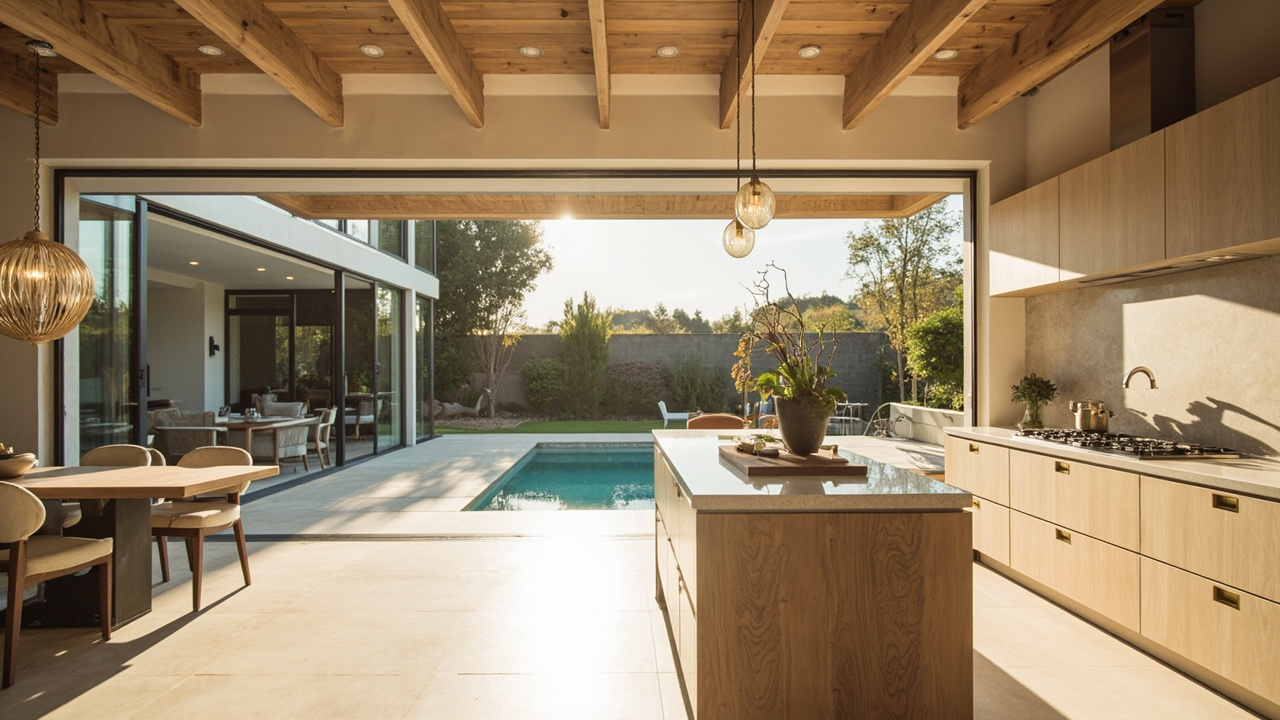 Kitchen flowing to covered patio and pool